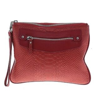 GIGI NY Large Red Embossed Leather Clutch, Wristlet, Silver Hardware